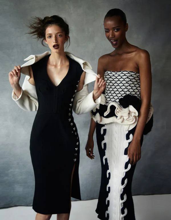 Two models in black and white looks styled by Jessica Margolis for an editorial